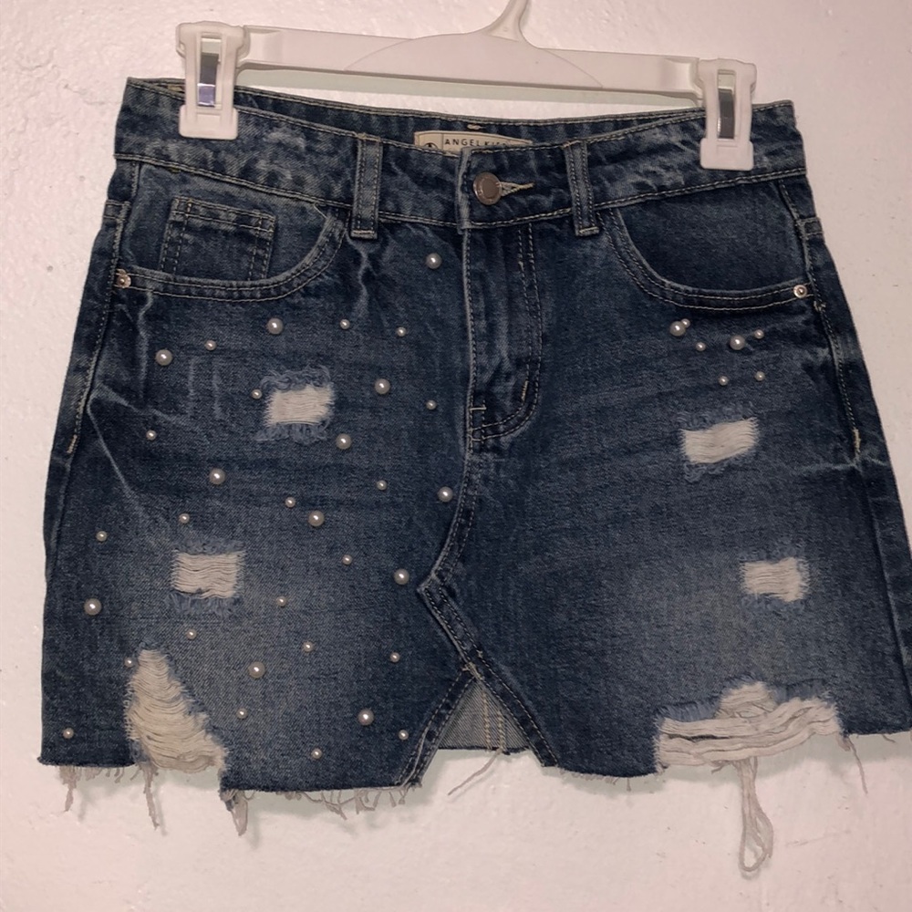 Denim mini skirt with pearl detailing